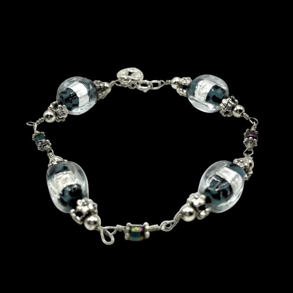Lampwork Glass Foil Bead Bracelet Silver Tone Green Linked Handmade Boho Art - Picture 5 of 7